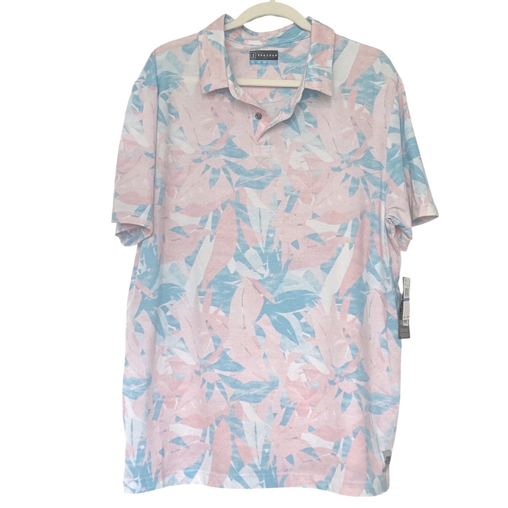 PGA Tour Mens Tropical Polo Shirt Golf XL Pink Blue Palm Leaf Performance Spring